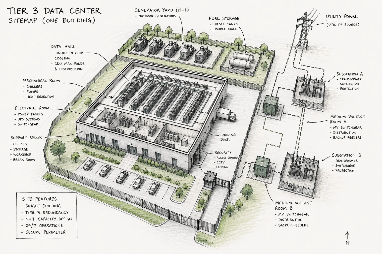 Annotated site plan of a Tier III data center: a liquid-to-chip data hall with CDU manifolds, mechanical and electrical rooms, support spaces, an N+1 generator yard with double-wall diesel storage, two substations and two medium-voltage rooms, and a secured perimeter